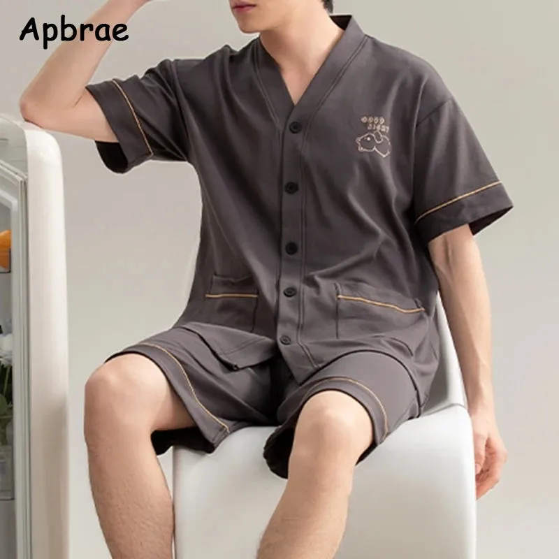 100% Pure Cotton Pajamas for Men Summer Man Pijamas Plus Size L-3XL Short Sleeve Kimono Sleepwear Plaid Print Pajama Set