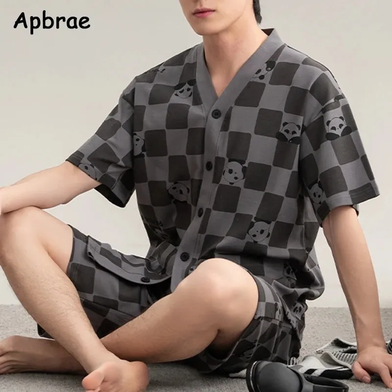 100% Pure Cotton Pajamas for Men Summer Man Pijamas Plus Size L-3XL Short Sleeve Kimono Sleepwear Plaid Print Pajama Set