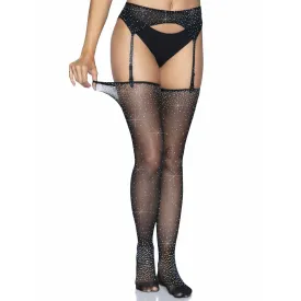 2 Pc. Rhinestone Net Garter Belt and Stockings -  One Size - Black