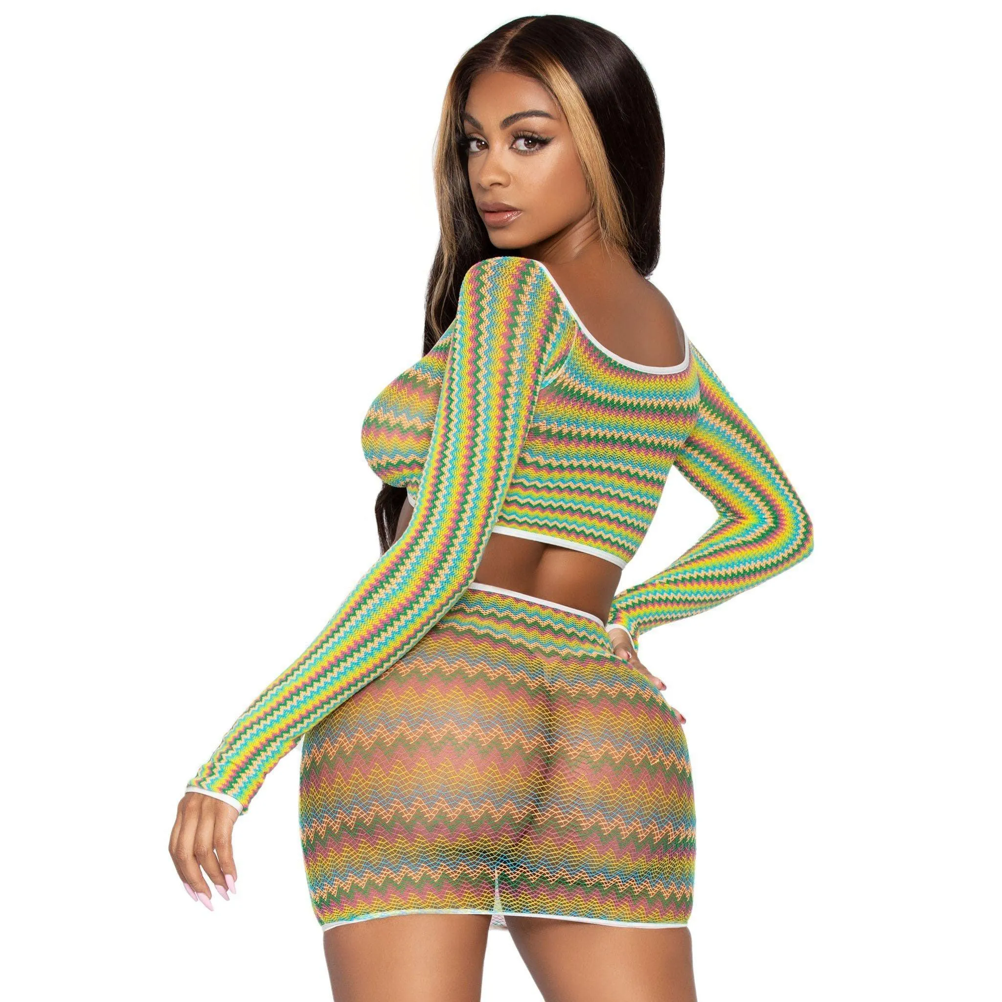 2 Pc Zig Zag Net Crop Top and Mini Dress - One  Size - Green