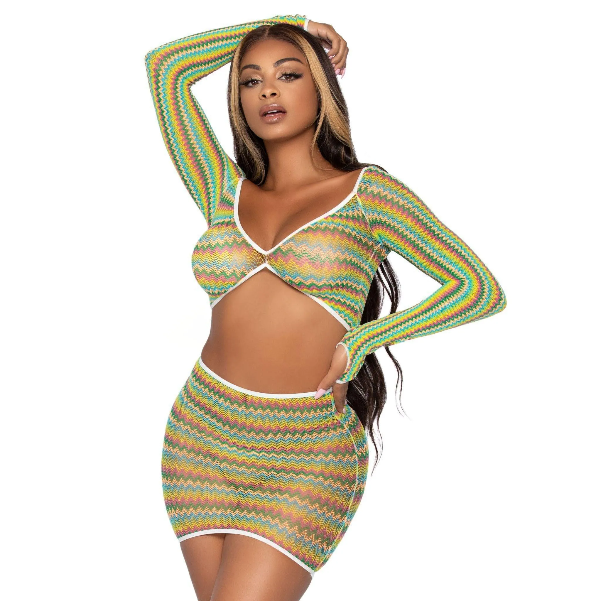 2 Pc Zig Zag Net Crop Top and Mini Dress - One  Size - Green