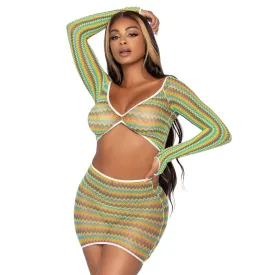 2 Pc Zig Zag Net Crop Top and Mini Dress - One  Size - Green