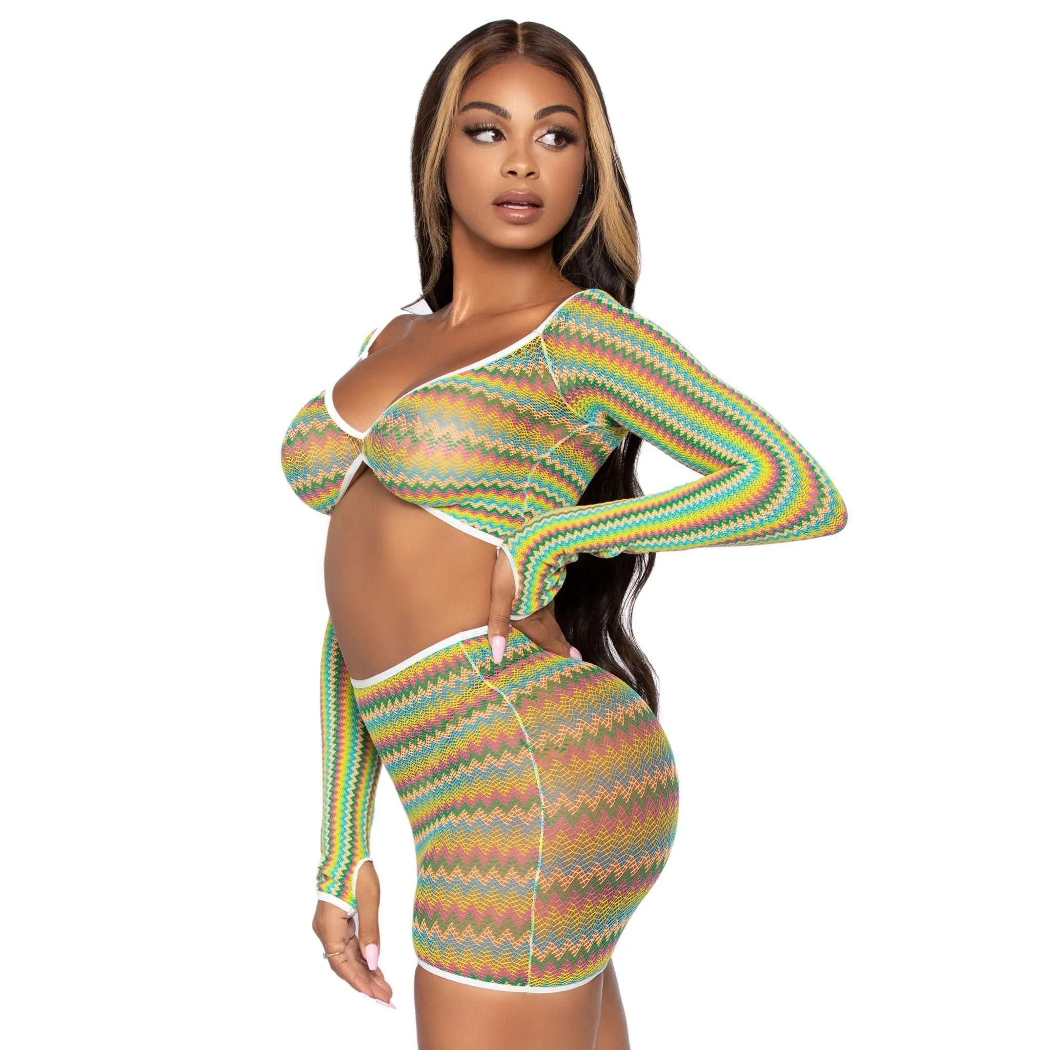 2 Pc Zig Zag Net Crop Top and Mini Dress - One  Size - Green