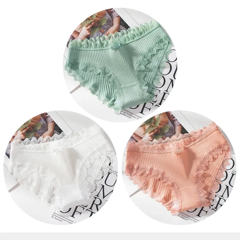 Cotton Panties Woman Sexy Lace Briefs Fashion Solid Color knickers Girls Bow Underpants Set Underwear 3 Pcs/lot