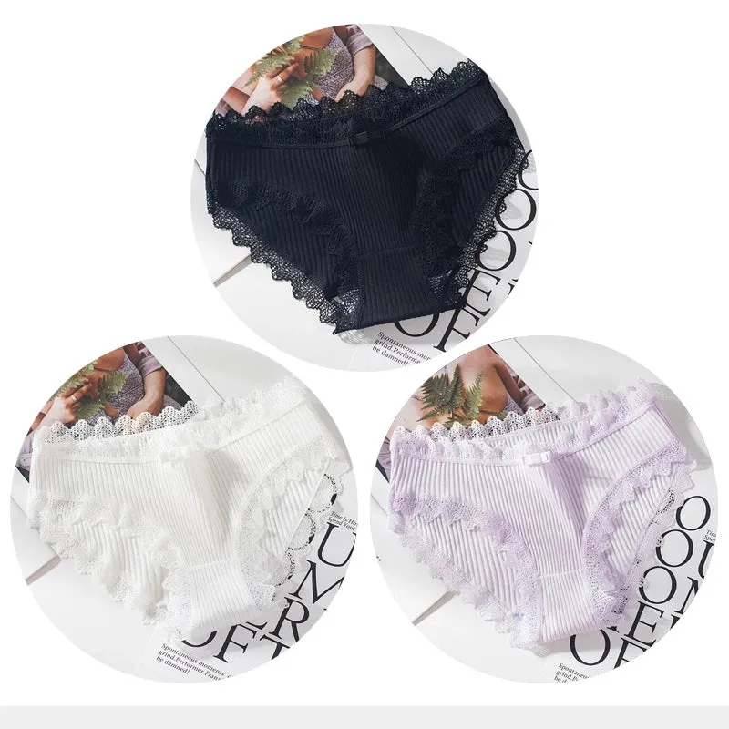 Cotton Panties Woman Sexy Lace Briefs Fashion Solid Color knickers Girls Bow Underpants Set Underwear 3 Pcs/lot