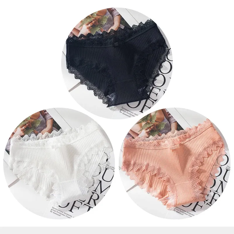 Cotton Panties Woman Sexy Lace Briefs Fashion Solid Color knickers Girls Bow Underpants Set Underwear 3 Pcs/lot