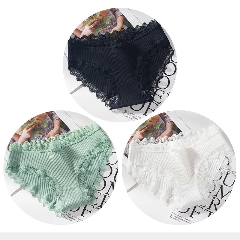 Cotton Panties Woman Sexy Lace Briefs Fashion Solid Color knickers Girls Bow Underpants Set Underwear 3 Pcs/lot