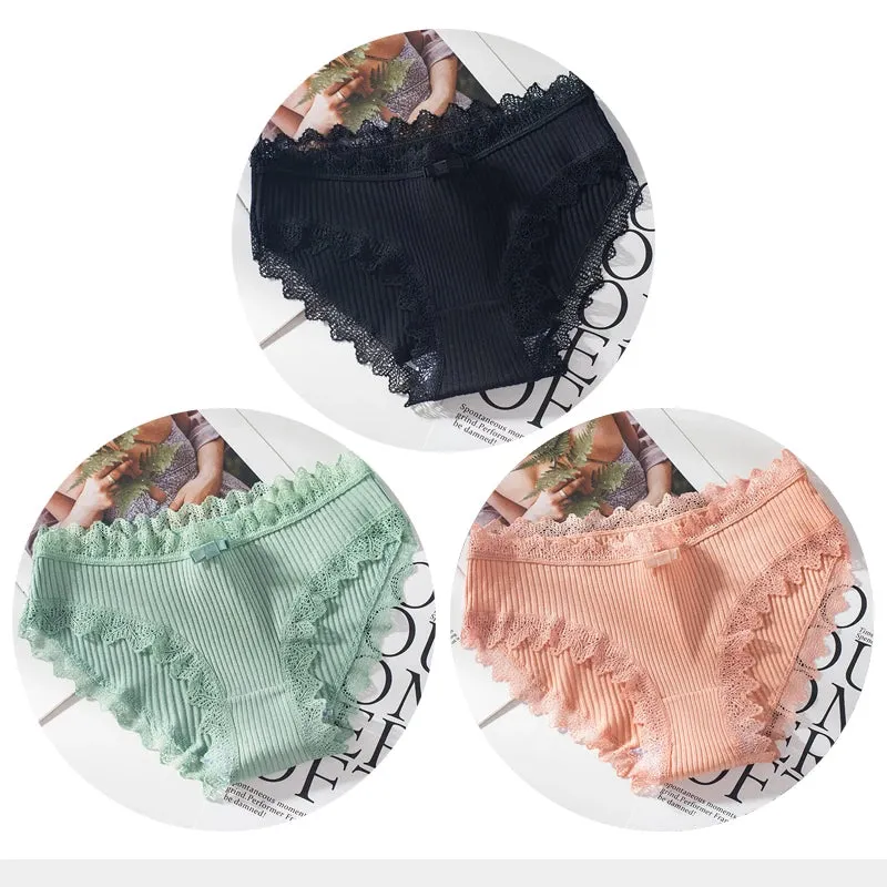 Cotton Panties Woman Sexy Lace Briefs Fashion Solid Color knickers Girls Bow Underpants Set Underwear 3 Pcs/lot