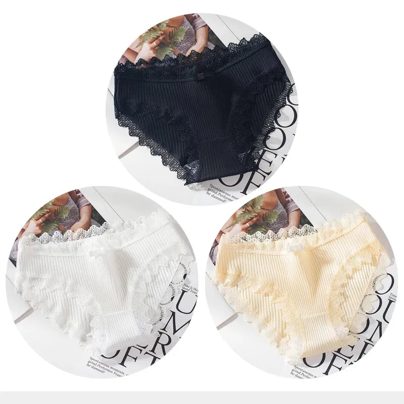 Cotton Panties Woman Sexy Lace Briefs Fashion Solid Color knickers Girls Bow Underpants Set Underwear 3 Pcs/lot