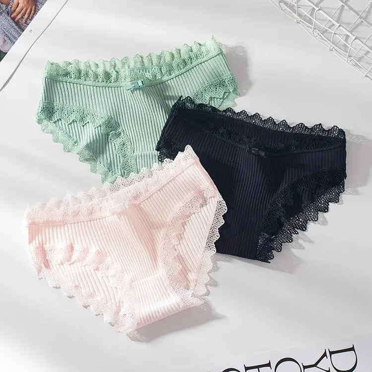 Cotton Panties Woman Sexy Lace Briefs Fashion Solid Color knickers Girls Bow Underpants Set Underwear 3 Pcs/lot