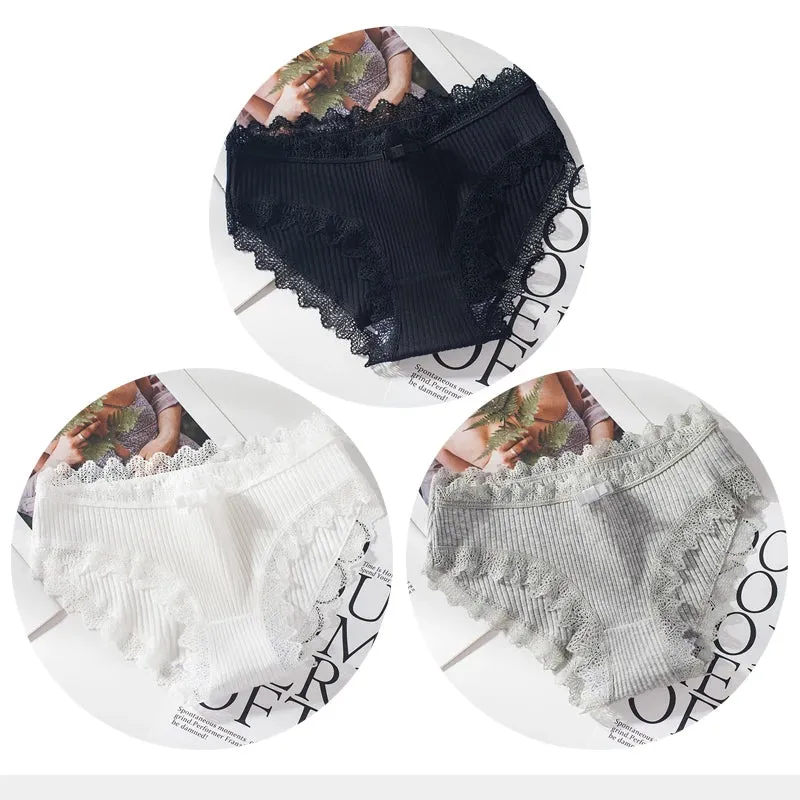 Cotton Panties Woman Sexy Lace Briefs Fashion Solid Color knickers Girls Bow Underpants Set Underwear 3 Pcs/lot