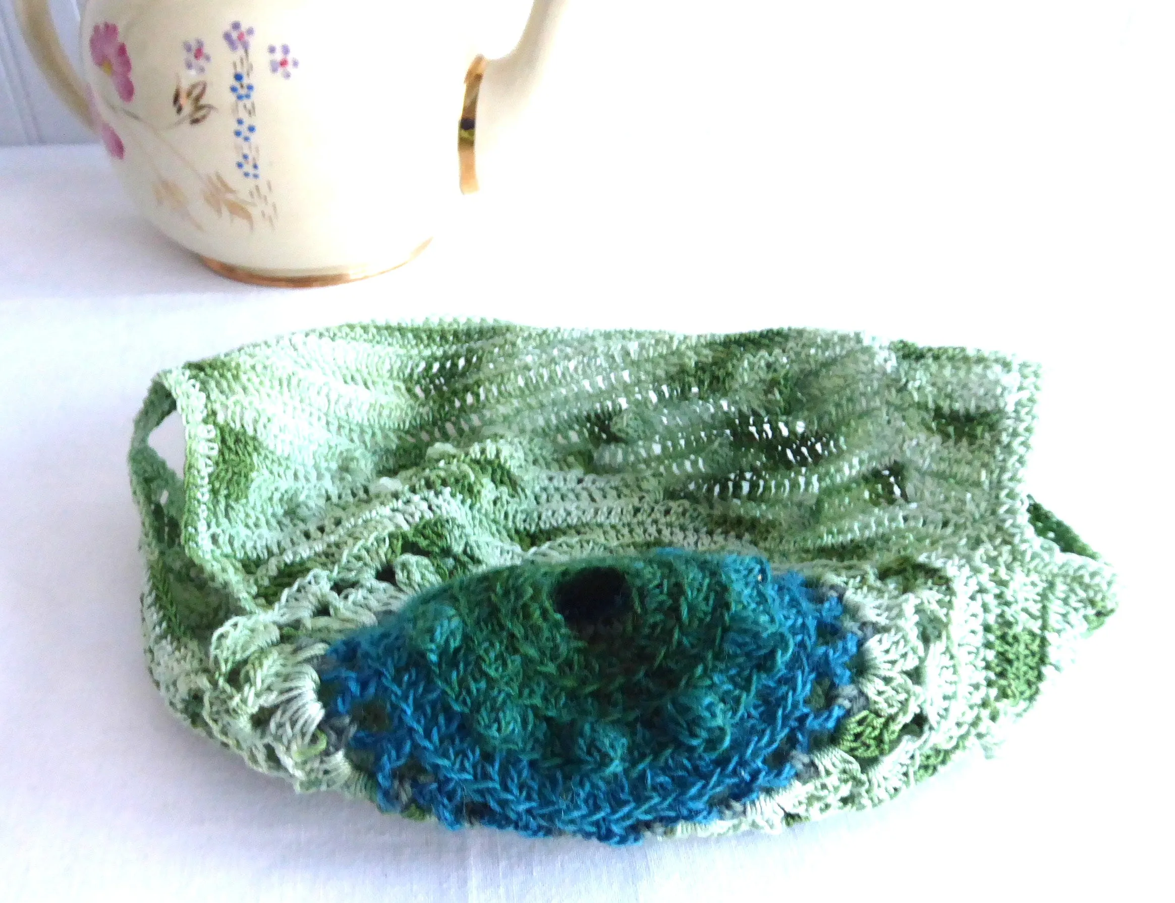 Crocheted Tea Cozy Teal Variegated Green Heather Hand Made Cosy Medium Stretchy US Artisan