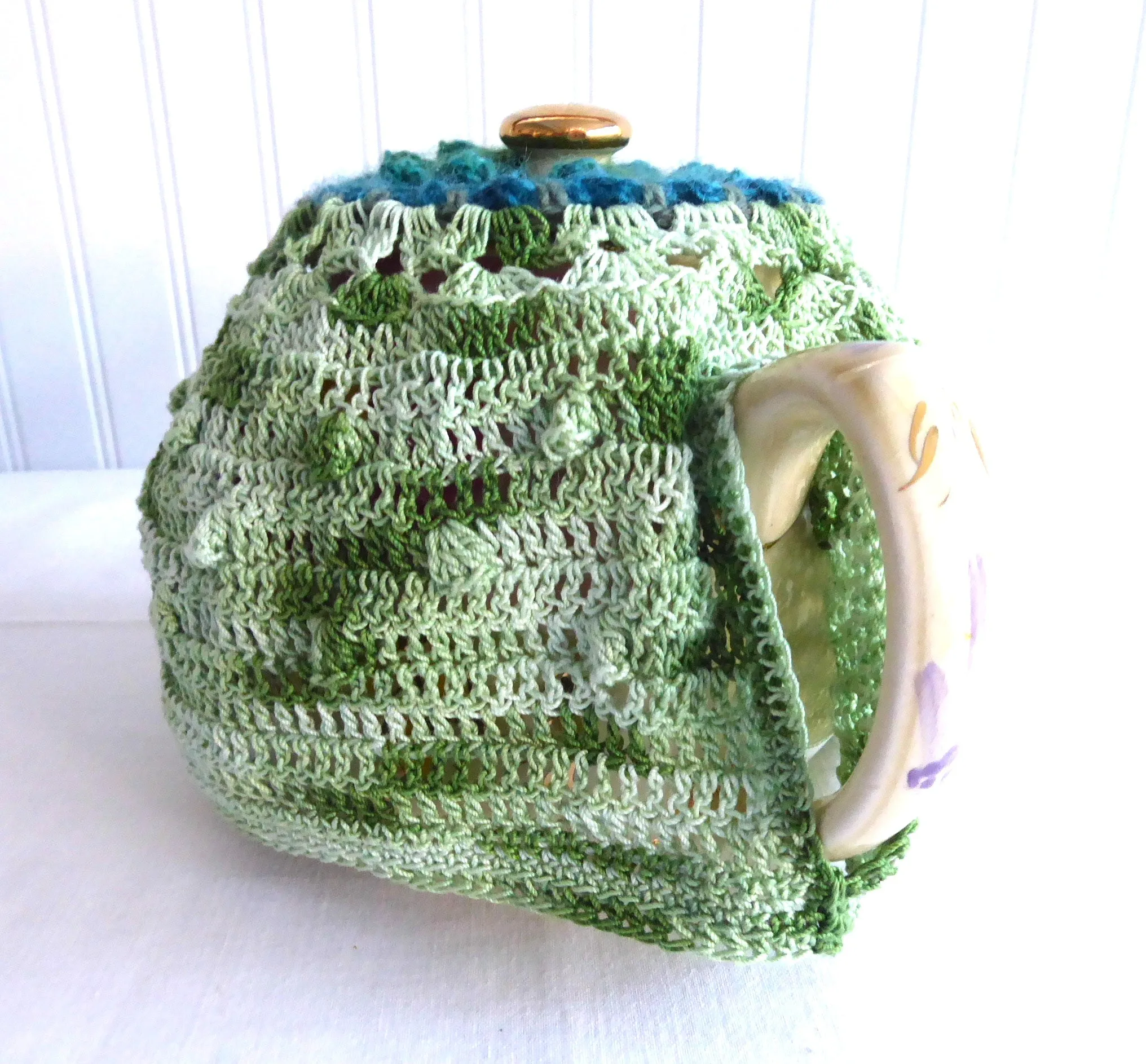 Crocheted Tea Cozy Teal Variegated Green Heather Hand Made Cosy Medium Stretchy US Artisan