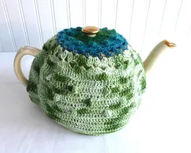 Crocheted Tea Cozy Teal Variegated Green Heather Hand Made Cosy Medium Stretchy US Artisan