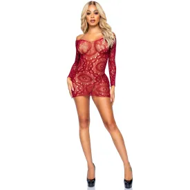 Crotchet Lace Long Sleeve Mini Dress - One Size - Burgundy