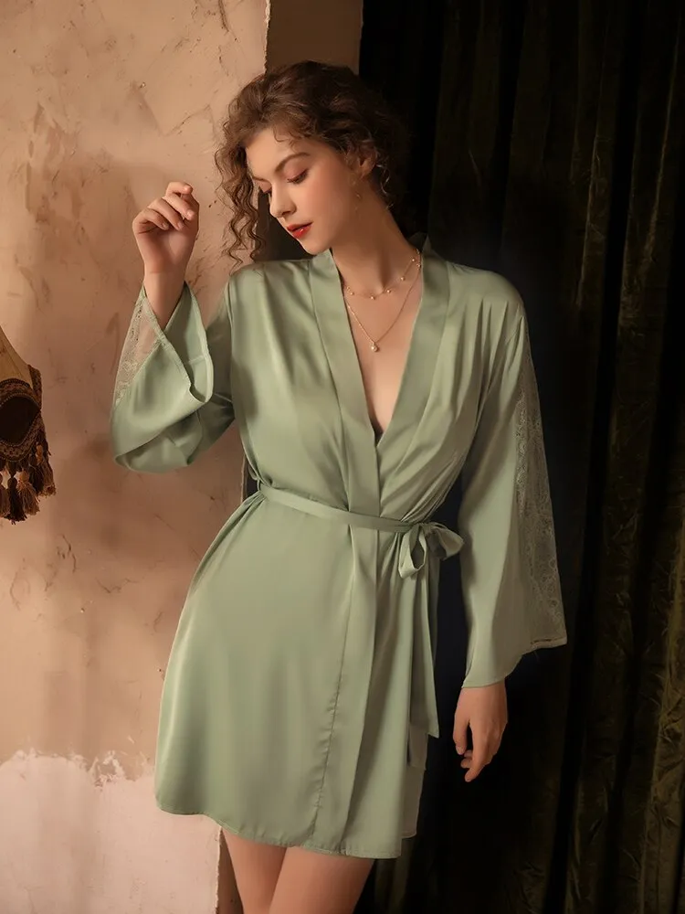 deanwangkt 3 Piece Lingerie Set with Robe Satin Pajamas Dress Cardigan Long Sleeve Top Sexy Sleepwear Bath Female Adult Nightwear Nightgown