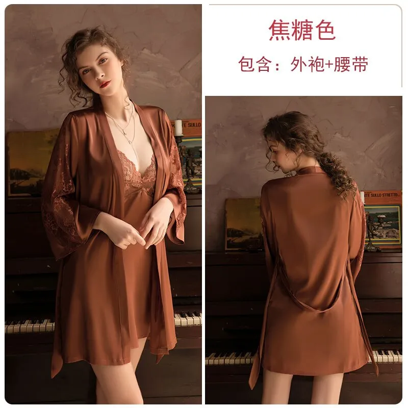 deanwangkt 3 Piece Lingerie Set with Robe Satin Pajamas Dress Cardigan Long Sleeve Top Sexy Sleepwear Bath Female Adult Nightwear Nightgown