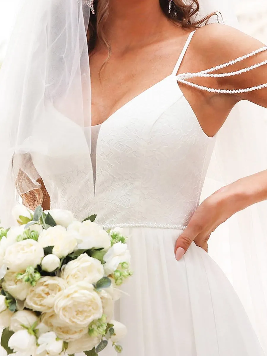 Floral Off-Shoulder Spaghetti Strap A-Line Wedding Dress