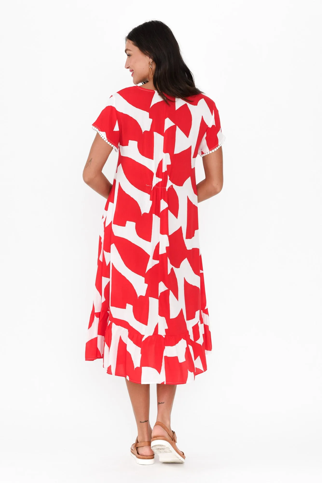 Karlie Red Abstract V Neck Dress