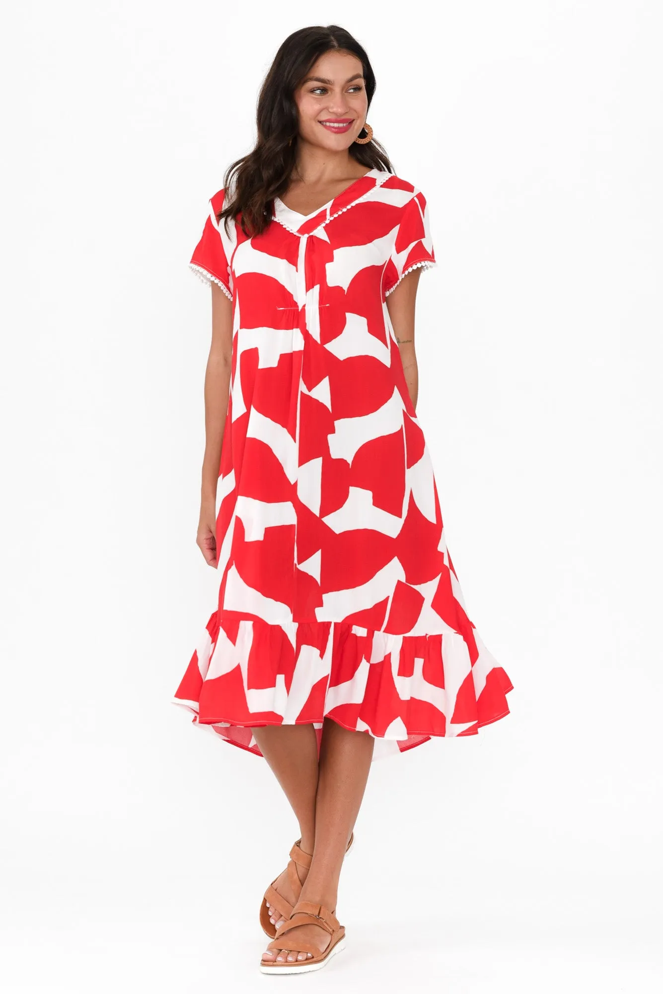 Karlie Red Abstract V Neck Dress