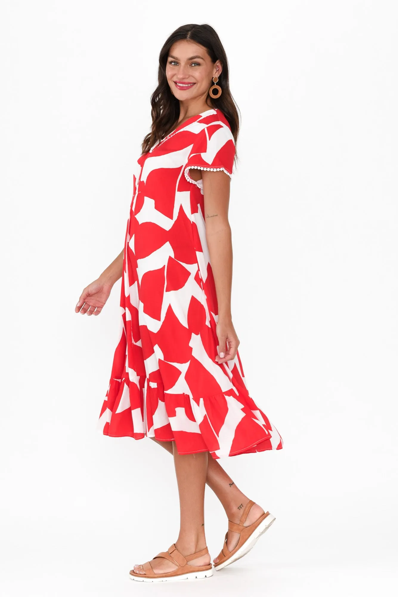 Karlie Red Abstract V Neck Dress