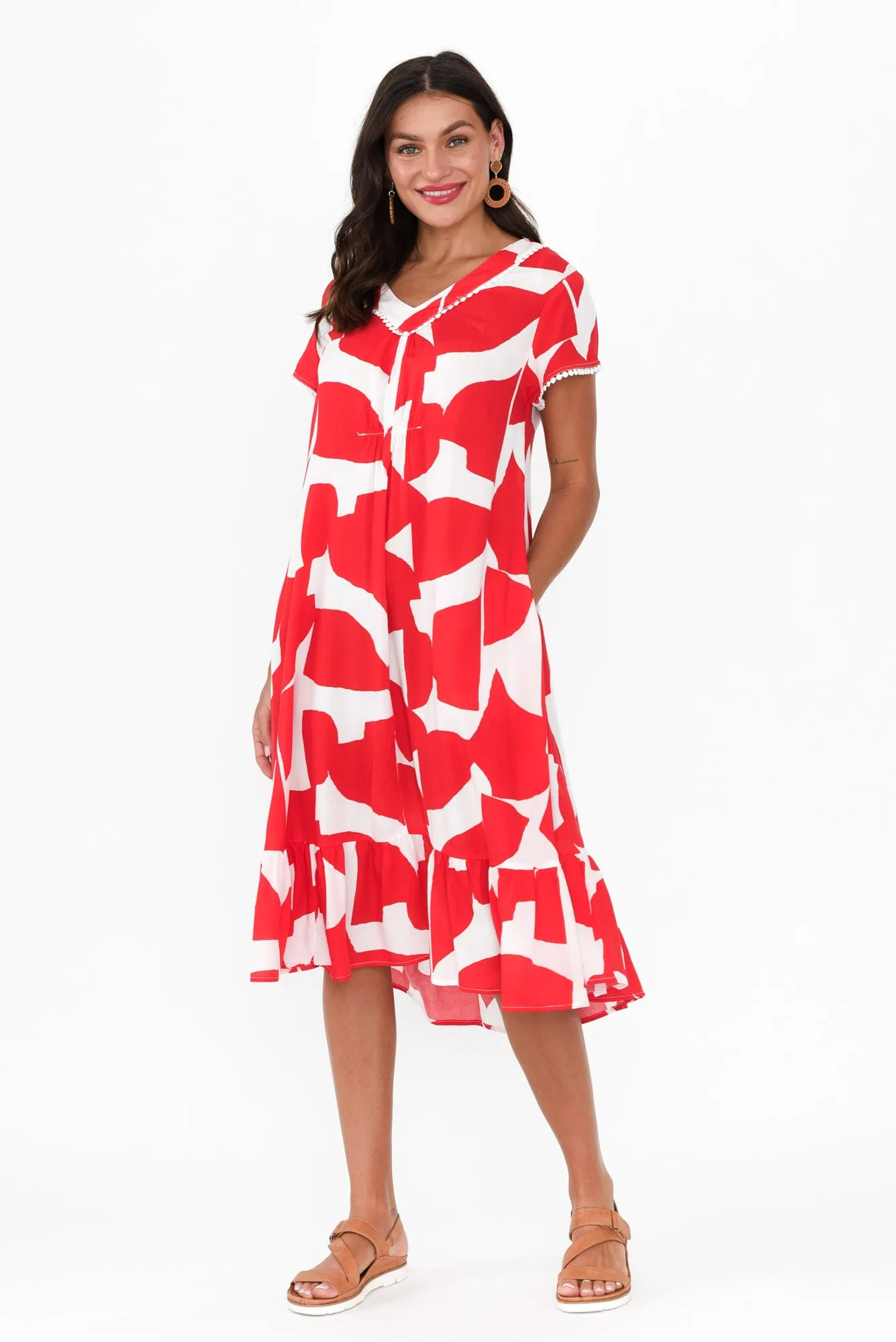 Karlie Red Abstract V Neck Dress