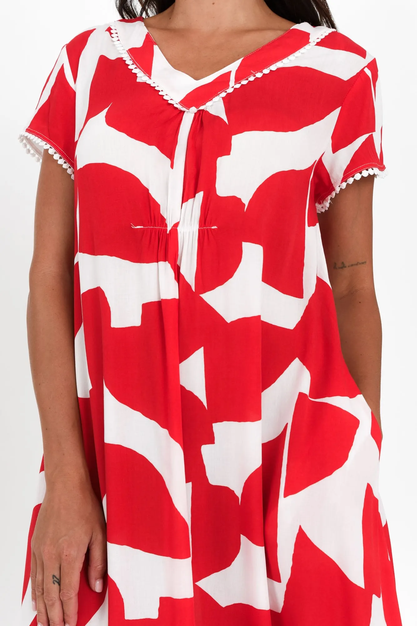 Karlie Red Abstract V Neck Dress