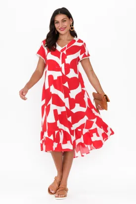 Karlie Red Abstract V Neck Dress