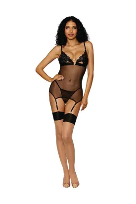 LACE & MESH GARTER SLIP SET W/ GOLD HARDWARE BLACK O/S