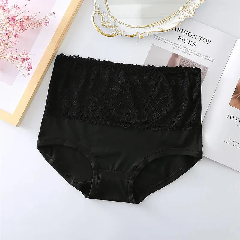 Large Size Women's Cotton Underwear Lace Panties Women's Solid Color Briefs High Waist Sexy Female Underpants Seamless Panties