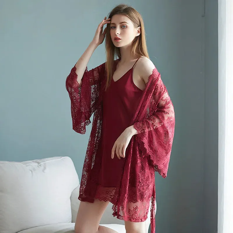 New Summer Ice Silk Thin Straps Nightdress Sexy Lace Perspective Ladies Nightdress Nightgown Two-piece Suit Female