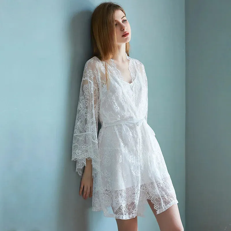 New Summer Ice Silk Thin Straps Nightdress Sexy Lace Perspective Ladies Nightdress Nightgown Two-piece Suit Female