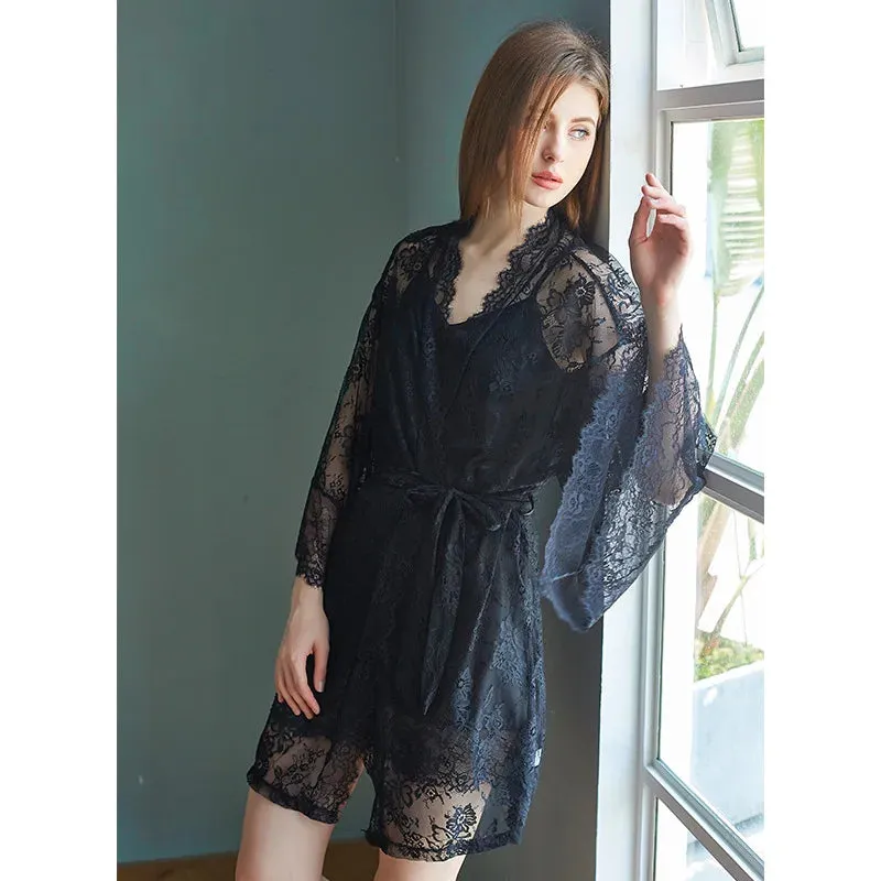 New Summer Ice Silk Thin Straps Nightdress Sexy Lace Perspective Ladies Nightdress Nightgown Two-piece Suit Female