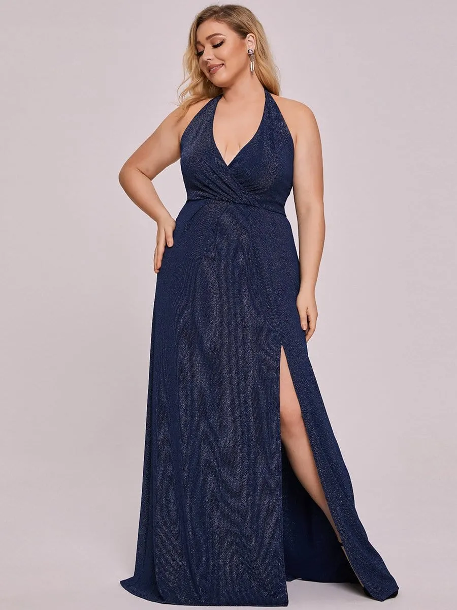 Plus Size V-Neck Halter A-Line Front Slit Evening Dress