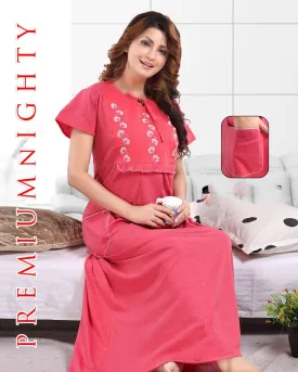 Pure cotton Pink hosiery nighty Gown with embroidery