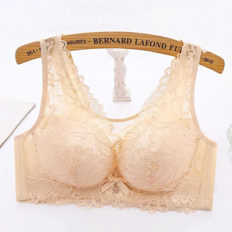 Sexy Push Up Bra Woman See Through Backless Bra Bralette Top Floral Bralette Lace Thin Large Size No Steel Ring Underwear