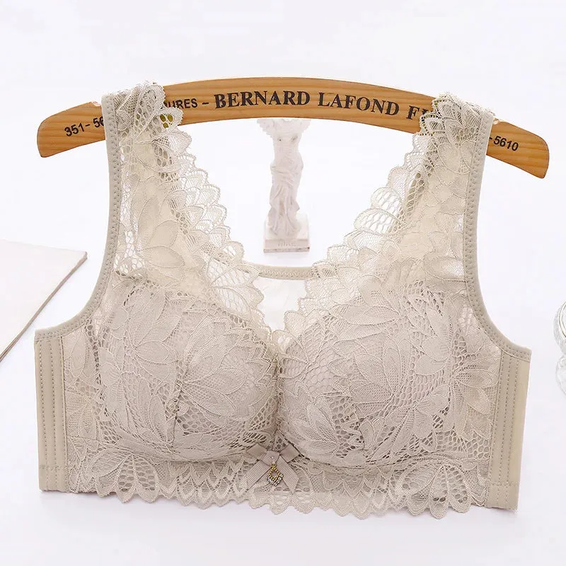 Sexy Push Up Bra Woman See Through Backless Bra Bralette Top Floral Bralette Lace Thin Large Size No Steel Ring Underwear