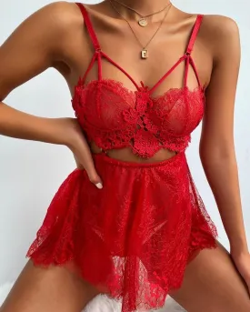 Sheer Mesh Spaghetti Strap Lace Trim Babydoll