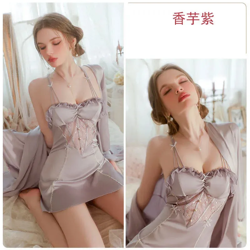 Silk Nightgown Set Women 2pcs Robe Suit Sleepwear Sexy Nightwear Sleep Kimono Gown Lace Hollow Out Nightdress