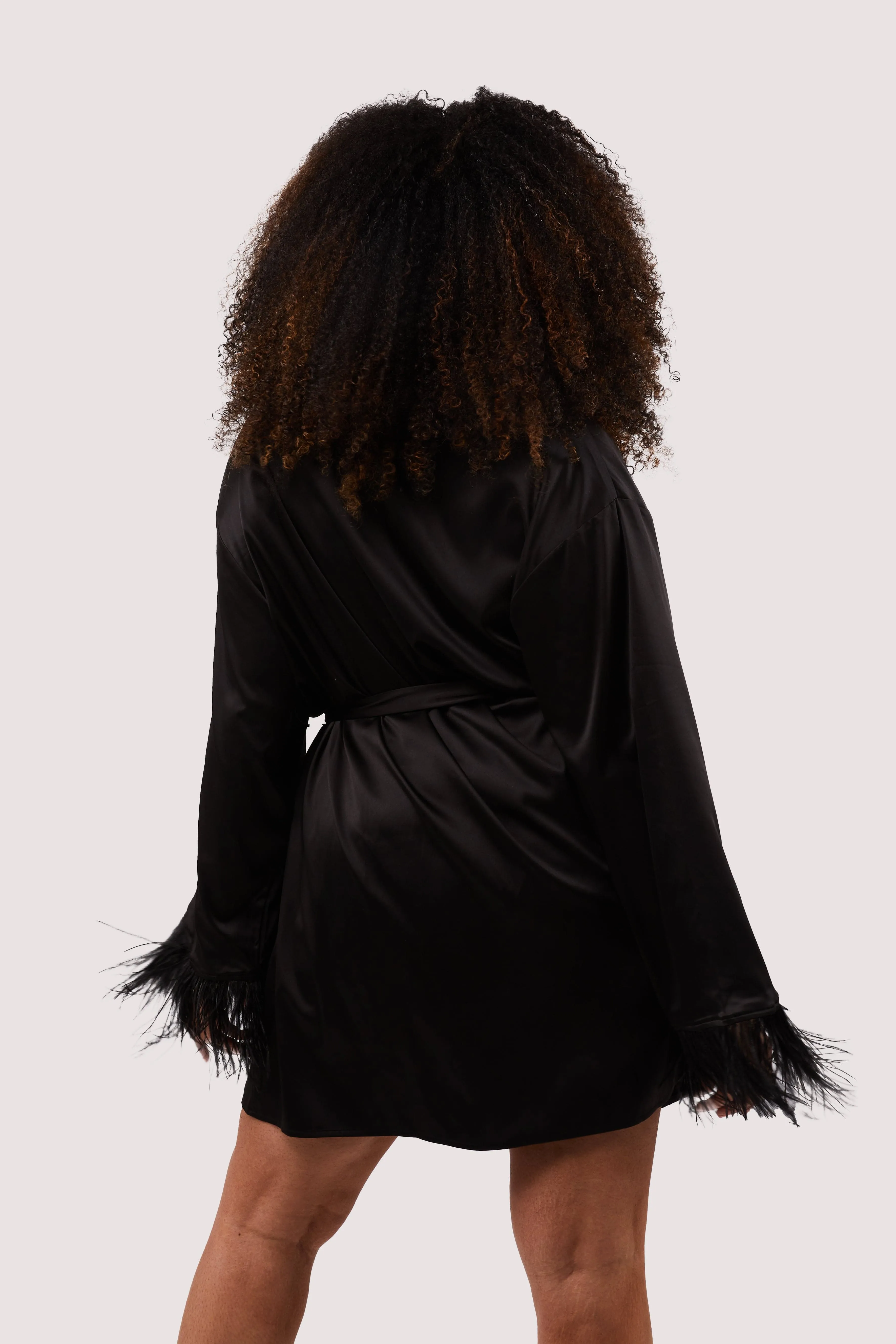 Sirus Black Satin And Feather Kimono