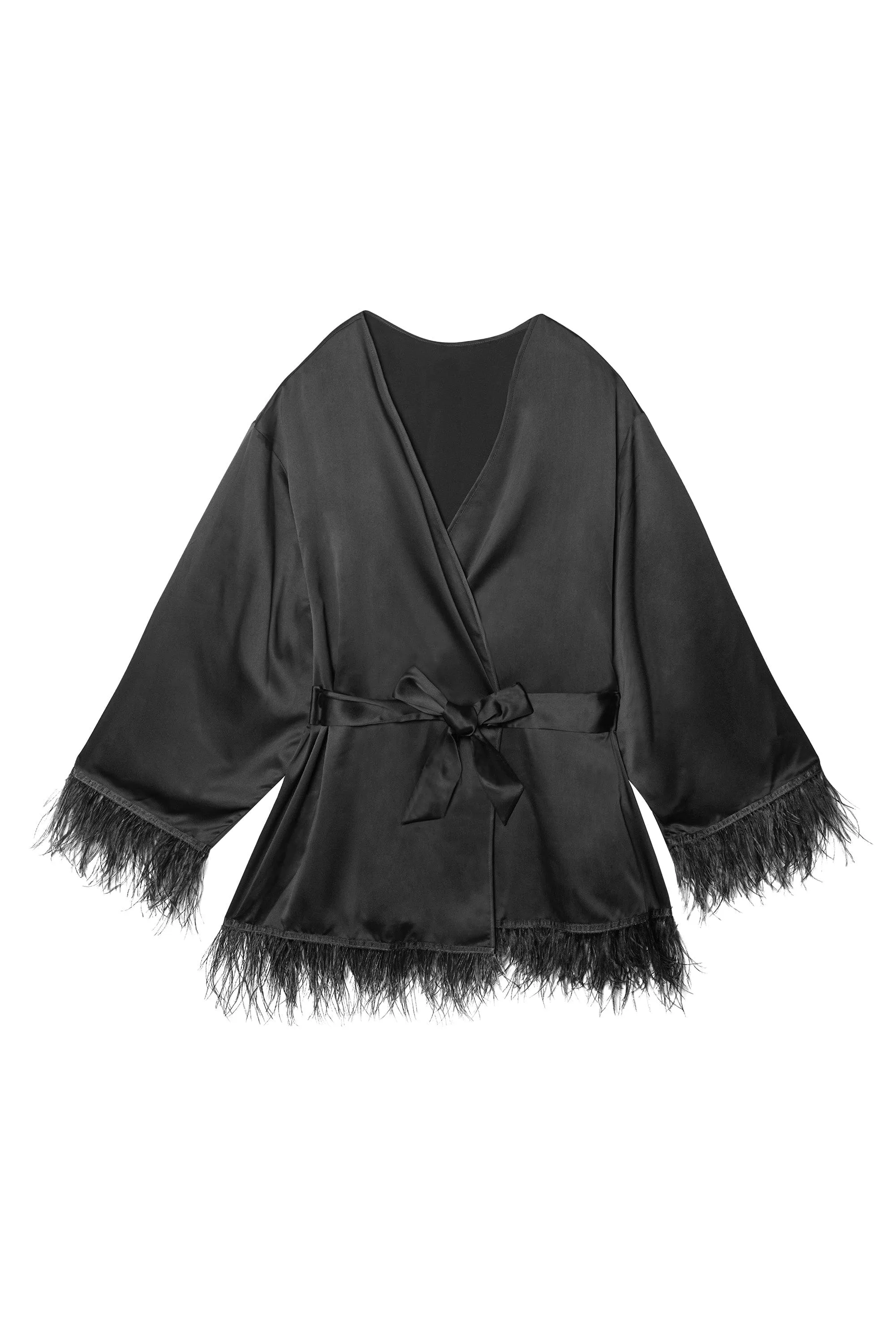 Sirus Black Satin And Feather Kimono