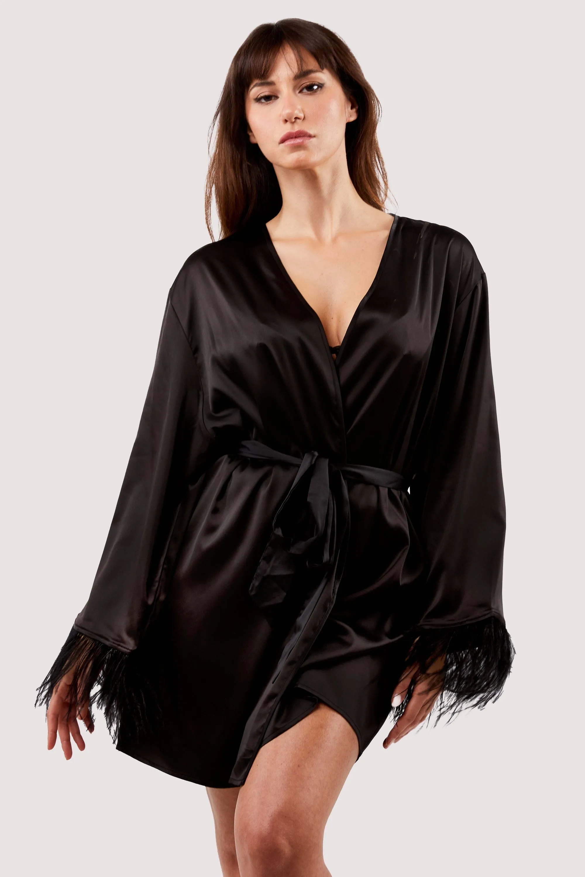 Sirus Black Satin And Feather Kimono