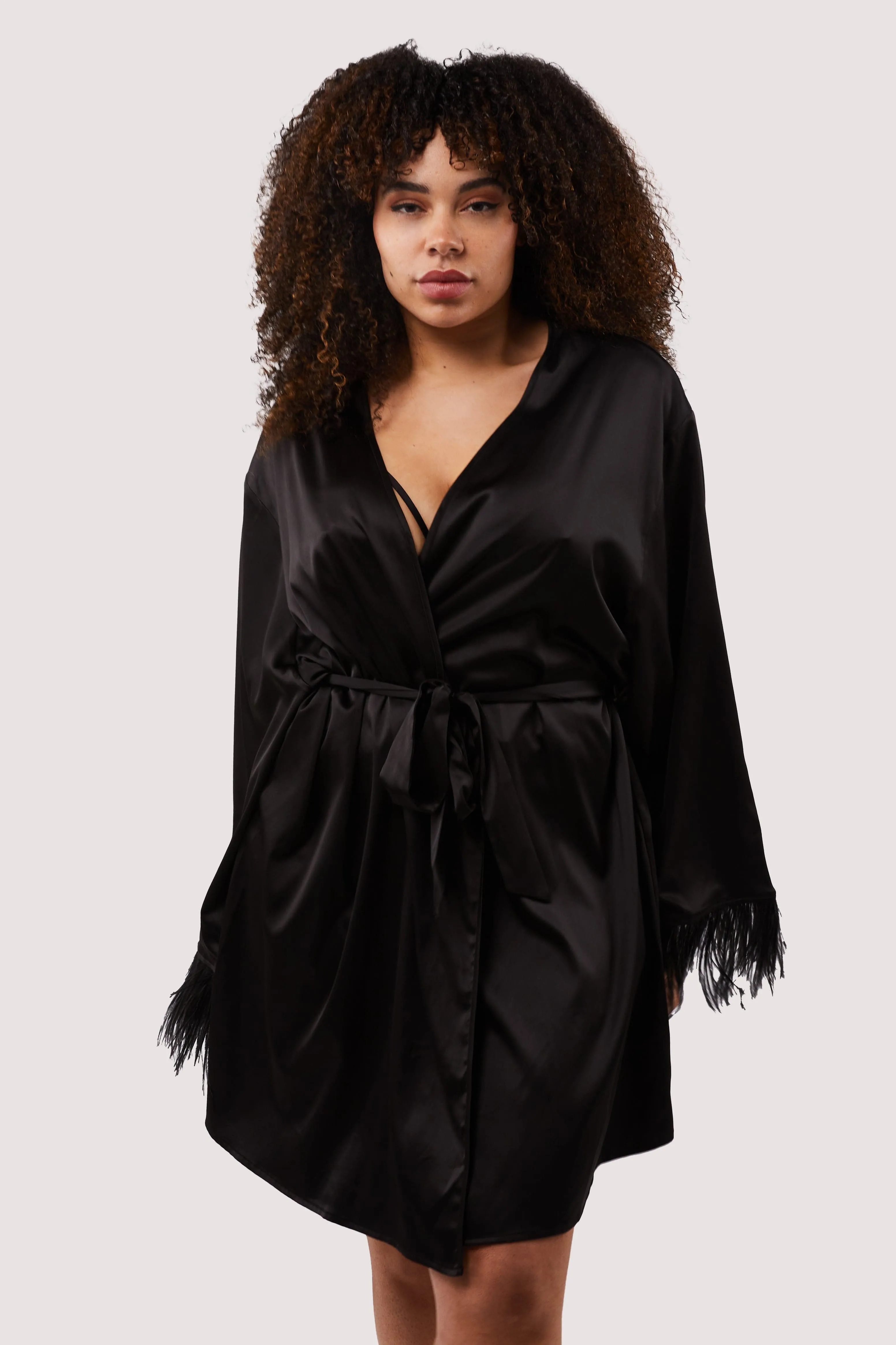 Sirus Black Satin And Feather Kimono