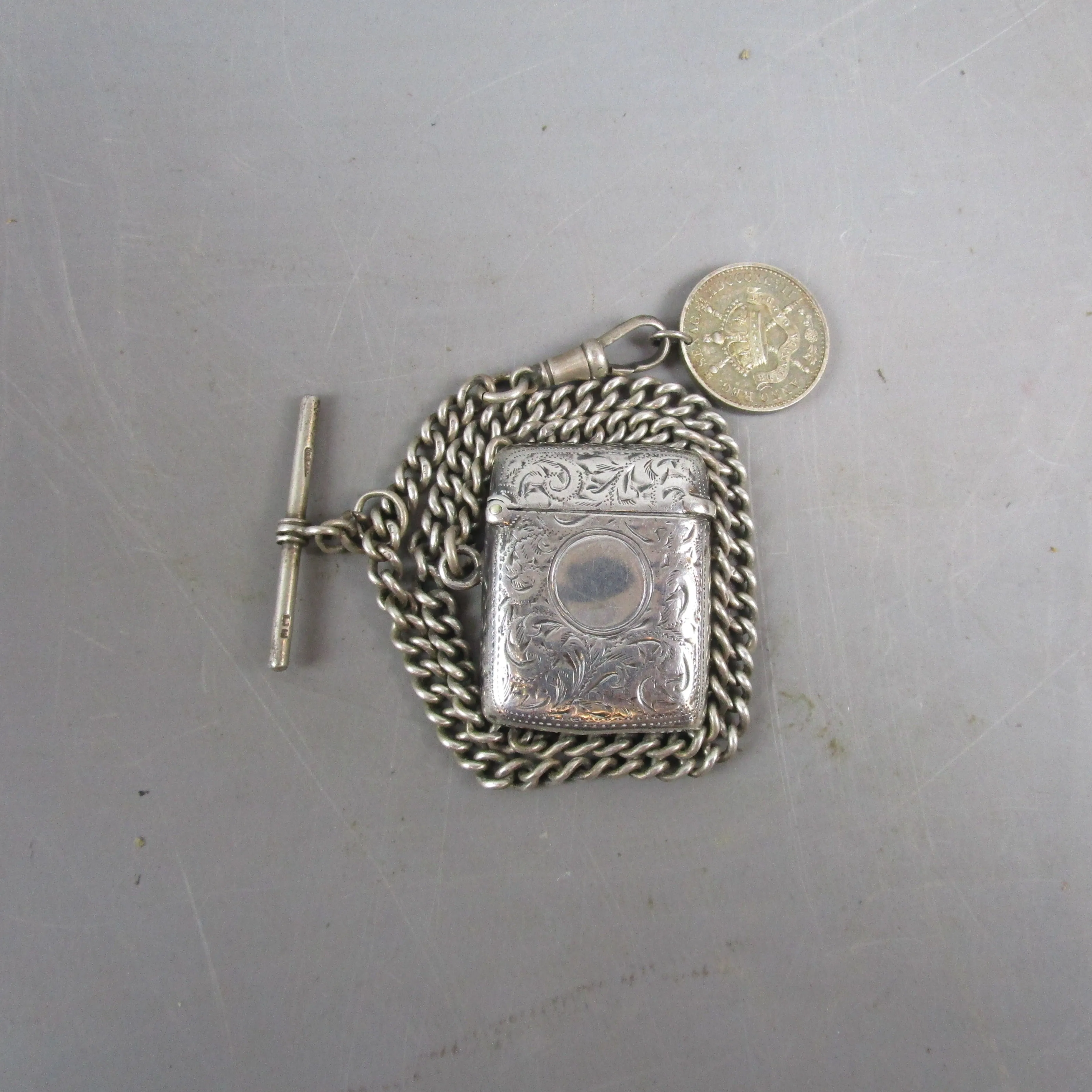 Sterling Silver Albert Watch Chain With Coin Pendant Fob T bar And Vesta Antique Victorian- c1900