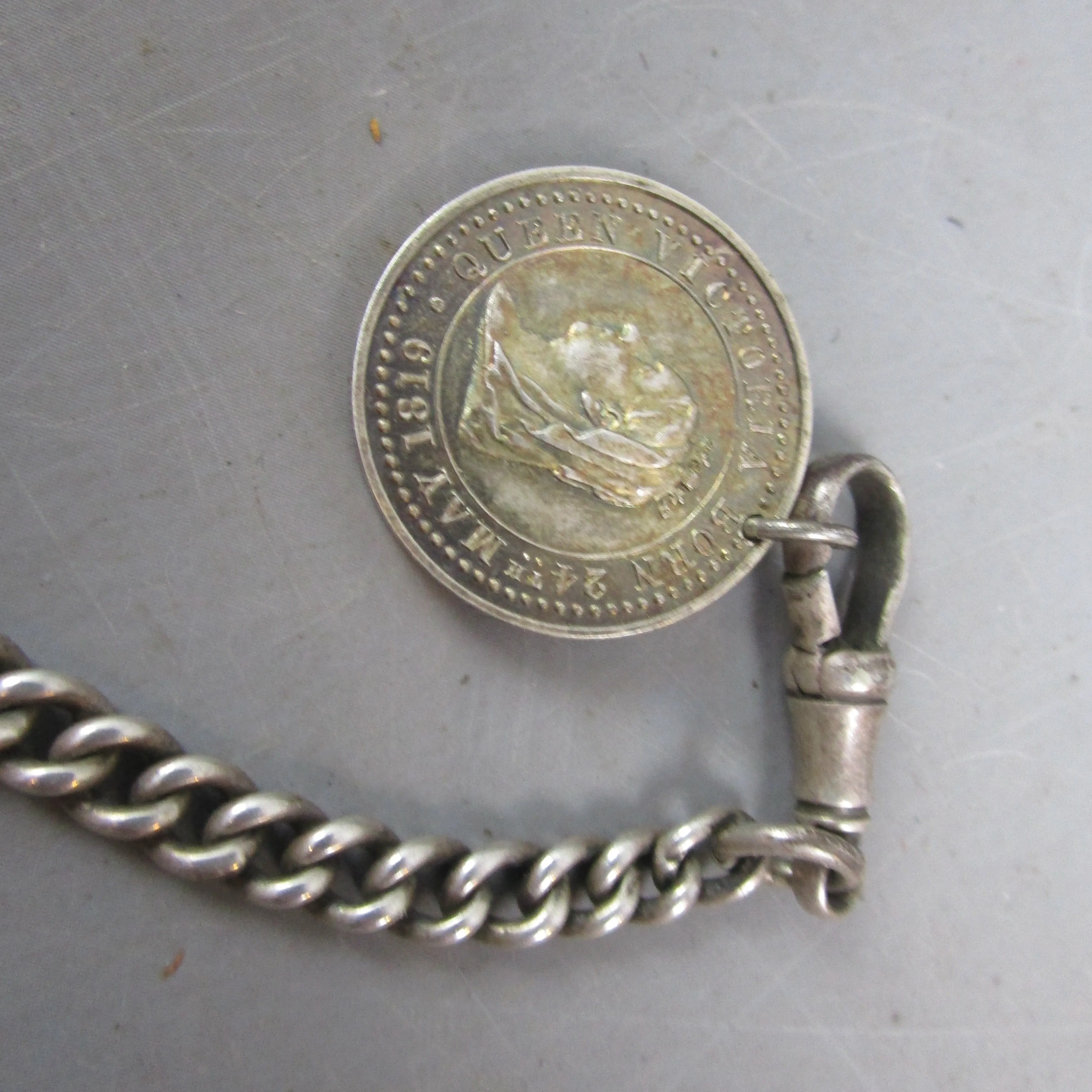 Sterling Silver Albert Watch Chain With Coin Pendant Fob T bar And Vesta Antique Victorian- c1900