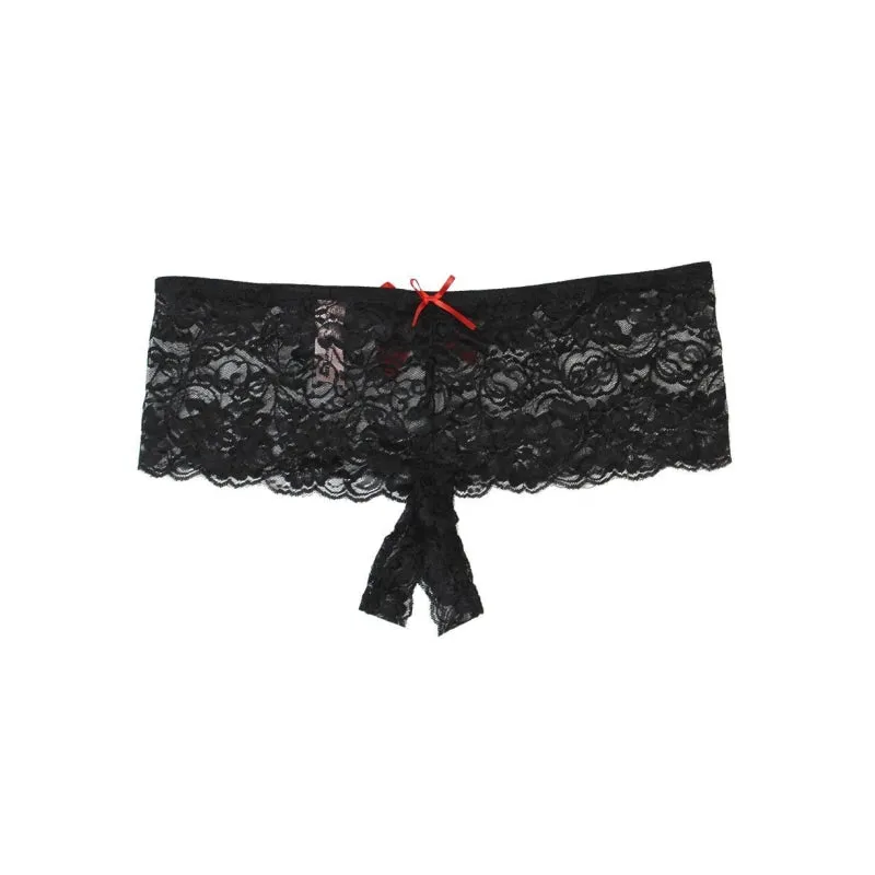 Stretch Lace Open Crotch Thong - 1x-2x - Black