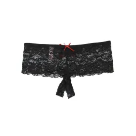 Stretch Lace Open Crotch Thong - 1x-2x - Black