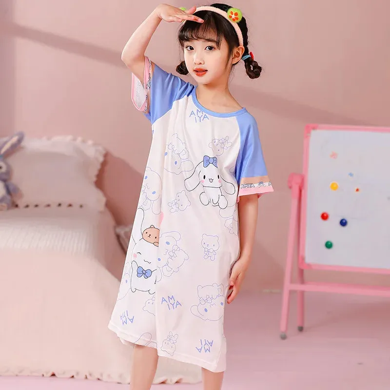 Summer New Girl's Cartoon Dress Jade Guigou Kuromi Printed Dress Cute Home Clothing Cute Breathable Cotton Children's Clothing