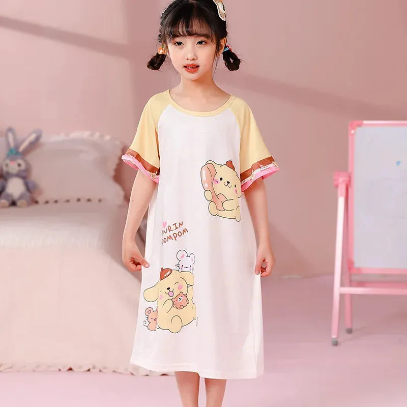 Summer New Girl's Cartoon Dress Jade Guigou Kuromi Printed Dress Cute Home Clothing Cute Breathable Cotton Children's Clothing