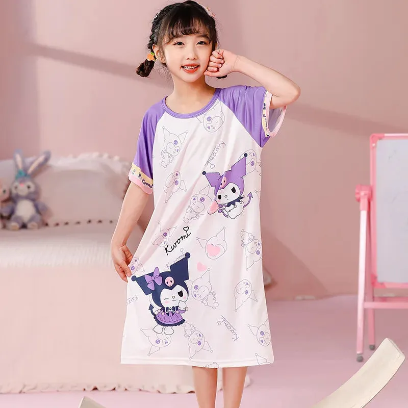 Summer New Girl's Cartoon Dress Jade Guigou Kuromi Printed Dress Cute Home Clothing Cute Breathable Cotton Children's Clothing